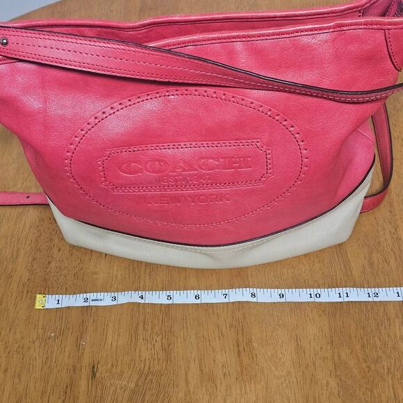 Coach Leather Coral-Red Sand Tan Hampton Weekender Hobo Bag Travel Vacation - Picture 7 of 10